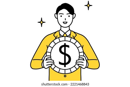 Simple line drawing illustration of a businessman in a suit, with images of foreign exchange gains and dollar appreciation.