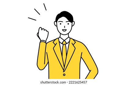 Simple line drawing illustration of a businessman in a suit posing with guts.