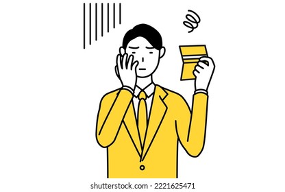 Simple line drawing illustration of a businessman in a suit looking at his bankbook and feeling depressed.