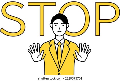 Simple line drawing illustration of a businessman in a suit with his hand out in front of his body,signaling a stop.