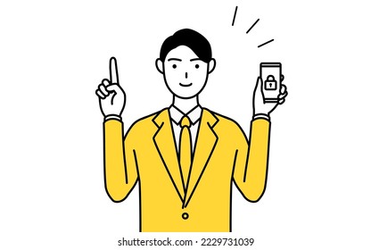 Simple line drawing illustration of a businessman in a suit taking security measures for his phone.