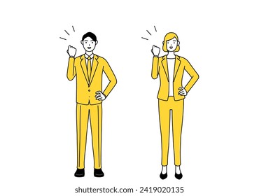 Simple line drawing illustration of businessman and businesswoman in a suit posing with guts.