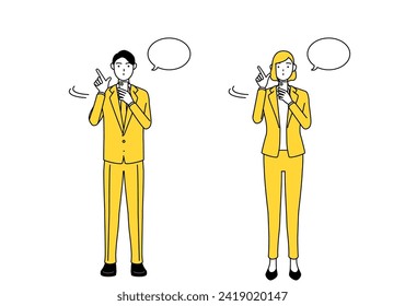 Simple line drawing illustration of businessman and businesswoman in a suit operating a smartphone.