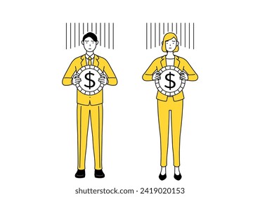 Simple line drawing illustration of businessman and businesswoman in a suit, an image of exchange loss or dollar depreciation