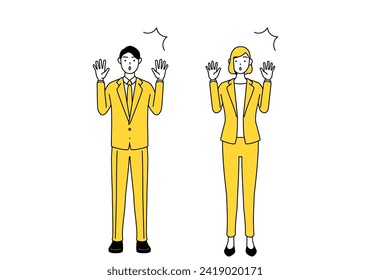 Simple line drawing illustration of businessman and businesswoman in a suit raising his hand in surprise.