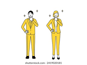 Simple line drawing illustration of businessman and businesswoman in a suit in a confident pose.