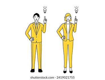 Simple line drawing illustration of businessman and businesswoman in a suit coming up with an idea.