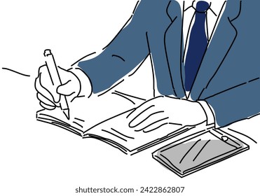 Simple line drawing illustration of a businessman taking notes