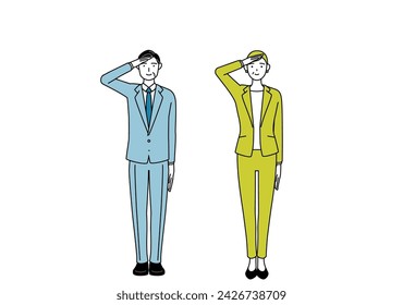 Simple line drawing illustration of businessman and businesswoman (senior, executive, manager) in a suit making a salute.