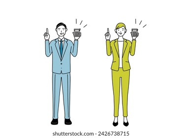 Simple line drawing illustration of businessman and businesswoman (senior, executive, manager) in a suit holding a calculator and pointing.