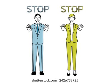 Simple line drawing illustration of businessman and businesswoman (senior, executive, manager) in a suit with his hand out in front of his body, signaling a stop.