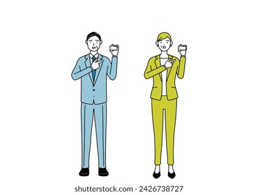 Simple line drawing illustration of businessman and businesswoman (senior, executive, manager) in a suit recommending credit card payment.