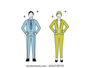 Simple line drawing illustration of businessman and businesswoman (senior, executive, manager) in a suit with his hands on his hips.