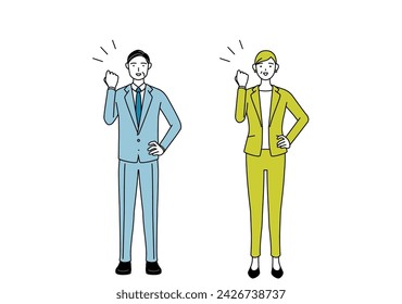 Simple line drawing illustration of businessman and businesswoman (senior, executive, manager) in a suit posing with guts.