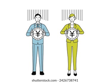 Simple line drawing illustration of businessman and businesswoman (senior, executive, manager) in a suit, an image of exchange loss or yen depreciation