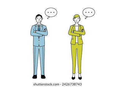 Simple line drawing illustration of businessman and businesswoman (senior, executive, manager) in a suit, arms crossed, thinking.