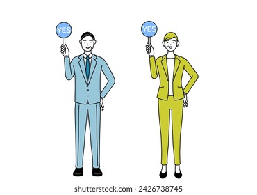 Simple line drawing illustration of businessman and businesswoman (senior, executive, manager) in a suit with his hands folded in front of his body.