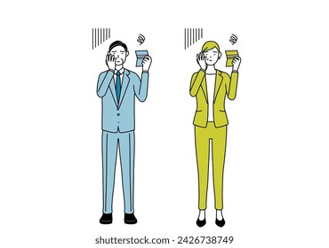 Simple line drawing illustration of businessman and businesswoman (senior, executive, manager) in a suit looking at his bankbook and feeling depressed.