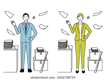 Simple line drawing illustration of businessman and businesswoman (senior, executive, manager) in a suit who is fed up with his unorganized business.