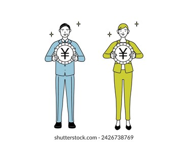 Simple line drawing illustration of businessman and businesswoman (senior, executive, manager) in a suit, an image of foreign exchange gains and yen appreciation