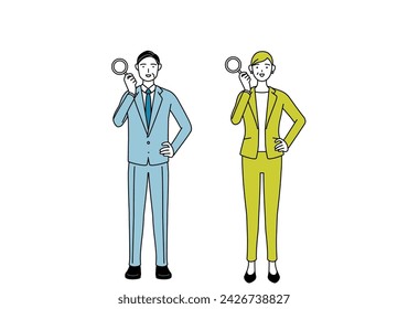 Simple line drawing illustration of businessman and businesswoman (senior, executive, manager) in a suit looking through magnifying glasses