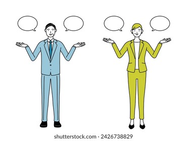 Simple line drawing illustration of businessman and businesswoman (senior, executive, manager) in a suit with wipeout and comparison.