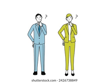 Simple line drawing illustration of businessman and businesswoman (senior, executive, manager) in a suit with questions.