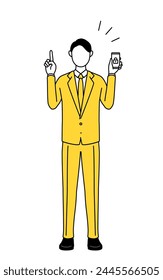 Simple line drawing illustration of a businessman in a suit taking security measures for his phone.