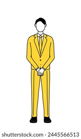 Simple line drawing illustration of a businessman in a suit with his hands folded in front of his body.