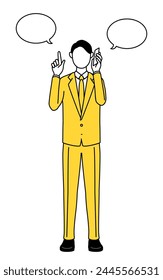 Simple line drawing illustration of a businessman in a suit pointing while on the phone.