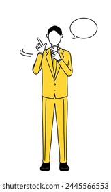 Simple line drawing illustration of a businessman in a suit operating a smartphone.