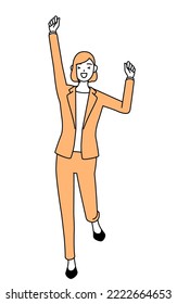 Simple line drawing illustration of a businesswoman in a suit smiling and jumping.
