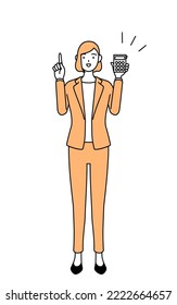 Simple line drawing illustration of a businesswoman in a suit holding a calculator and pointing.