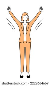 Simple line drawing illustration of a businesswoman in a suit taking a deep breath.