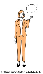Simple line drawing illustration of a businesswoman in a suit giving directions,with a wipeout.