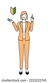 Simple line drawing illustration of a businesswoman in a suit showing the symbol for young leaves.
