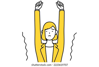 Simple line drawing illustration of a businesswoman in a suit stretching and standing tall.