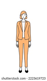 Simple line drawing illustration of a businesswoman in a suit with his hands folded in front of his body.