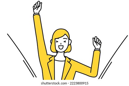 Simple line drawing illustration of a businesswoman in a suit smiling and jumping.