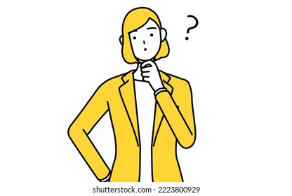 Simple line drawing illustration of a businesswoman in a suit with questions.