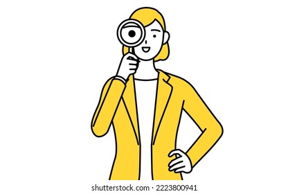 Simple line drawing illustration of a businesswoman in a suit looking through magnifying glasses