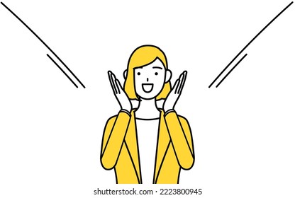 Simple line drawing illustration businesswoman in suit calling out and his hand over his mouth 