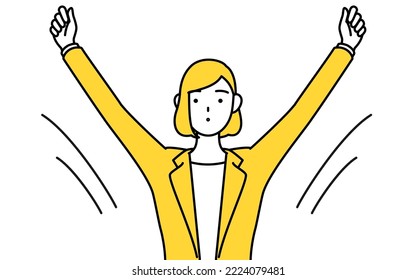 Simple line drawing illustration of a businesswoman in a suit taking a deep breath.