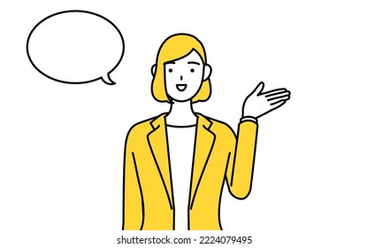 Simple line drawing illustration of a businesswoman in a suit giving directions,with a wipeout.