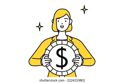 Simple line drawing illustration of a businesswoman in a suit, with images of foreign exchange gains and dollar appreciation.
