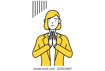 Simple line drawing illustration of a businesswoman in a suit apologizing with his hands in front of his body.