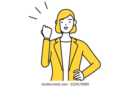 Simple line drawing illustration of a businesswoman in a suit posing with guts.