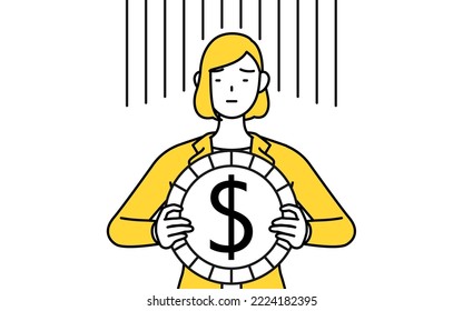 Simple line drawing illustration of a businesswoman in a suit, an image of exchange loss or dollar depreciation
