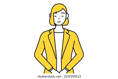 Simple line drawing illustration of a businesswoman in a suit lightly bowing.