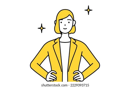 Simple line drawing illustration of a businesswoman in a suit with his hands on his hips.